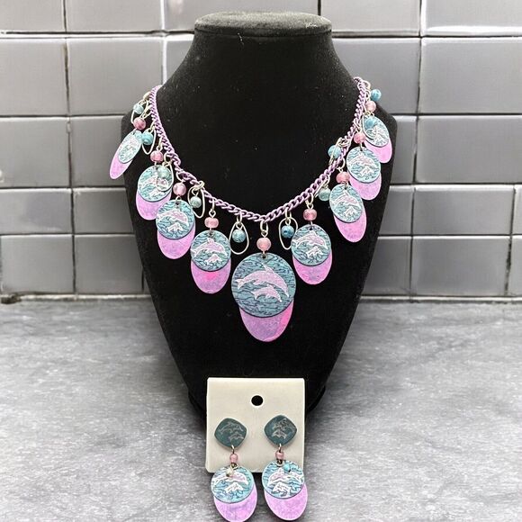 Vintage Turquoise Purple Metal Dangles Chain Dolphin Necklace Dangle Earrings - Picture 1 of 14